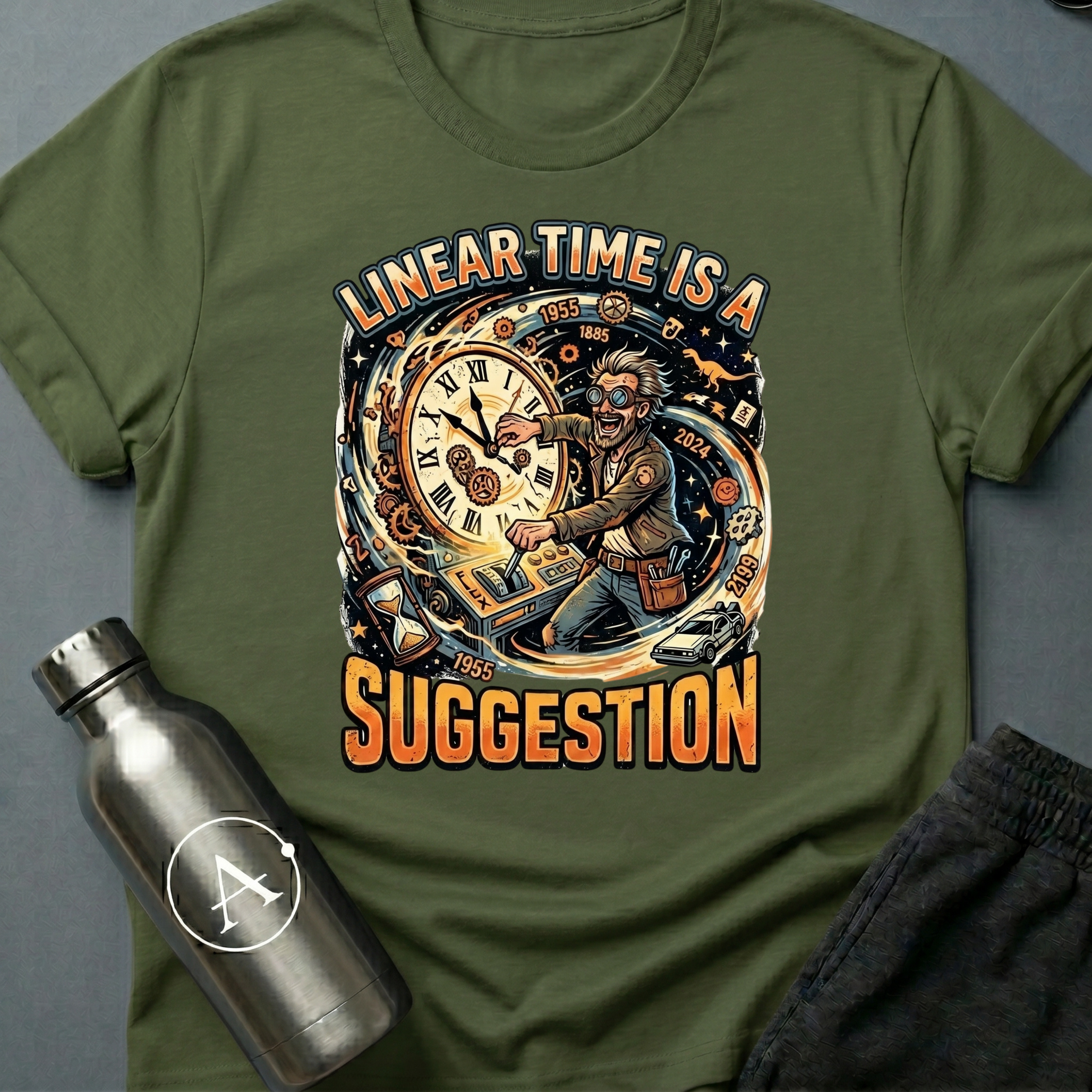 Strong Recommendation sci-fi t-shirt — time-traveling scientist, 'Linear time is a suggestion' — Military Green unisex tee — Apsion Outpost
