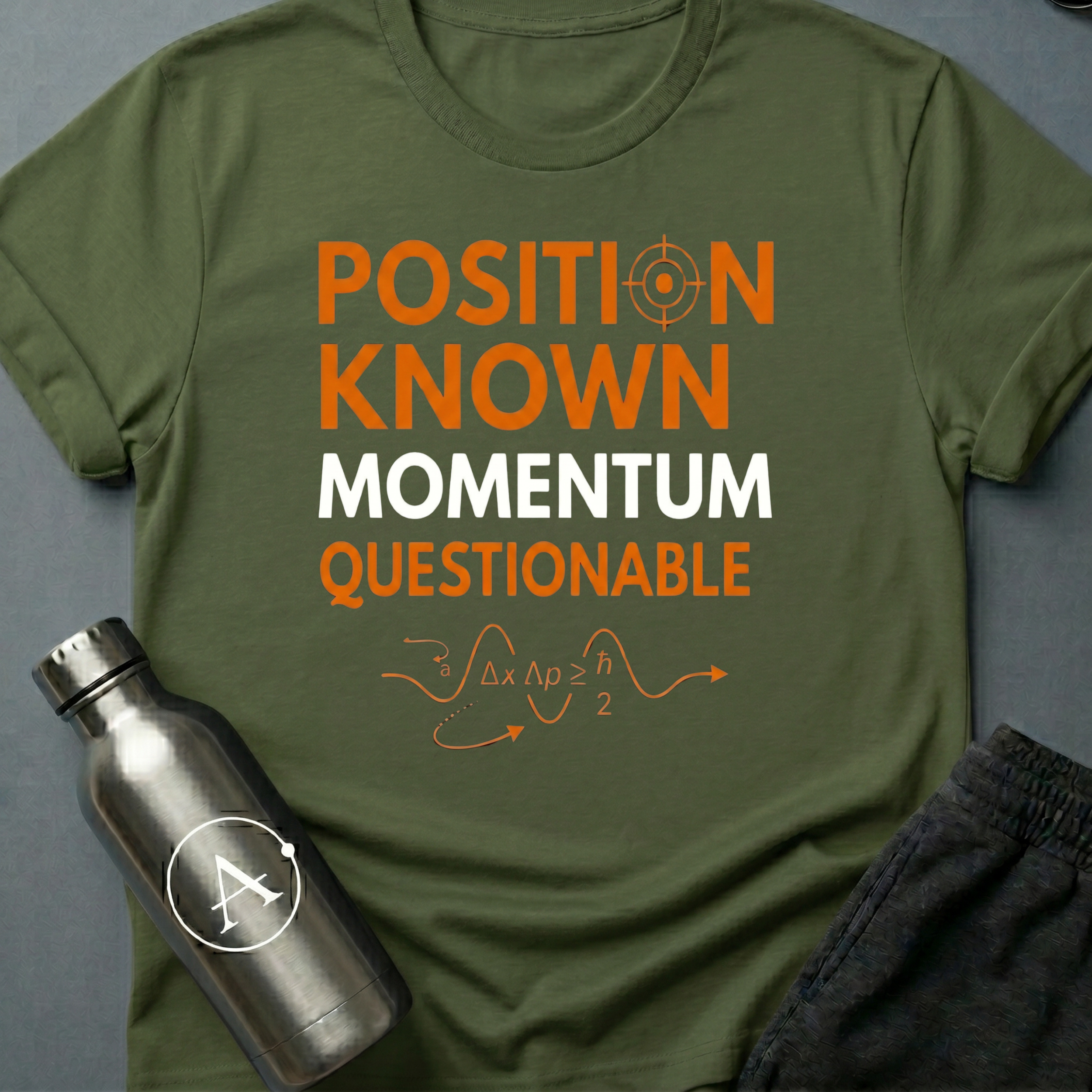 Vector Unclear sci-fi t-shirt — Heisenberg uncertainty principle, 'Position known, momentum questionable' — Military Green unisex tee — Apsion Outpost
