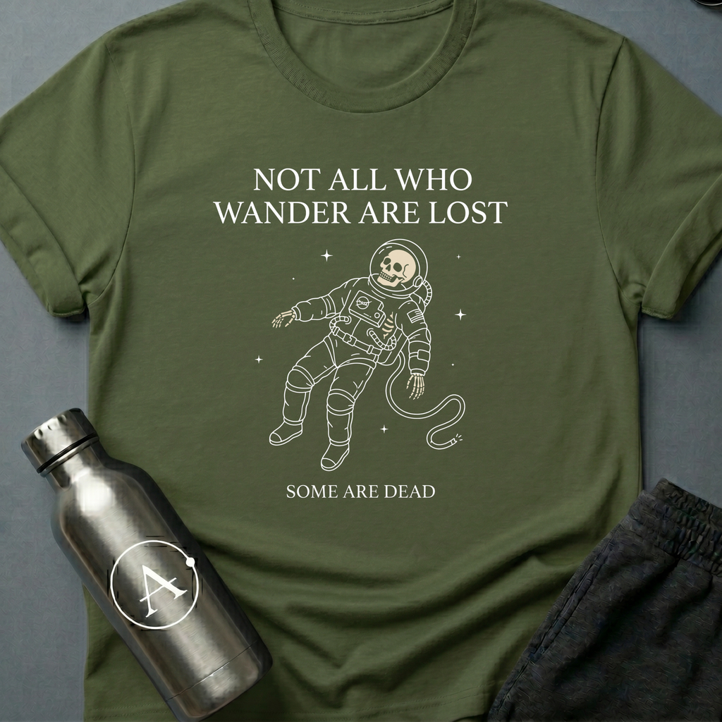 Dead Space sci-fi t-shirt — skeleton astronaut floating in space, 'Not all who wander are lost / some are dead' — Military Green unisex tee — Apsion Outpost
