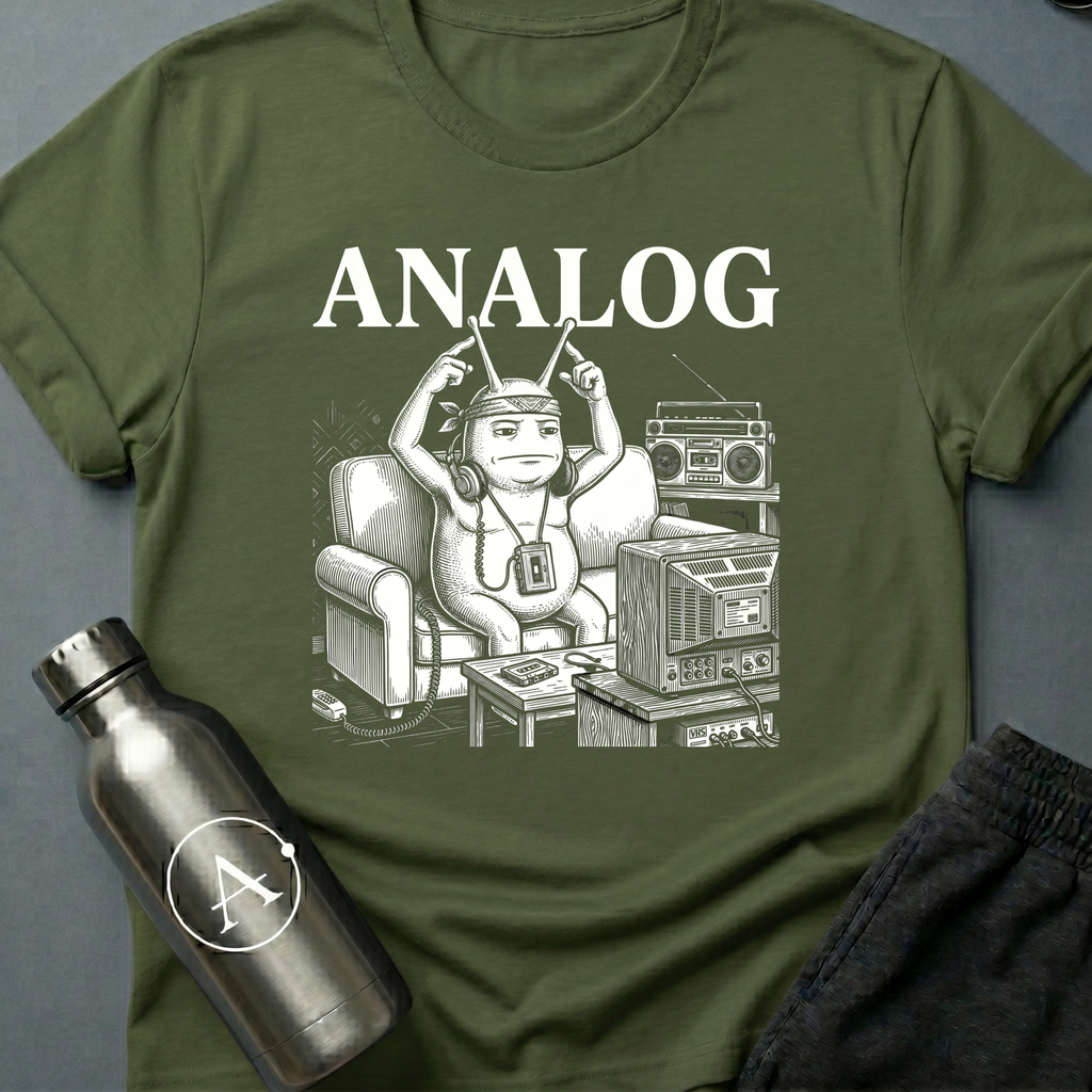 Tape Deck Native sci-fi t-shirt — analog couch potato with TV antennae, 'Analog' — Military Green unisex tee — Apsion Outpost