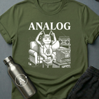 Tape Deck Native sci-fi t-shirt — analog couch potato with TV antennae, 'Analog' — Military Green unisex tee — Apsion Outpost