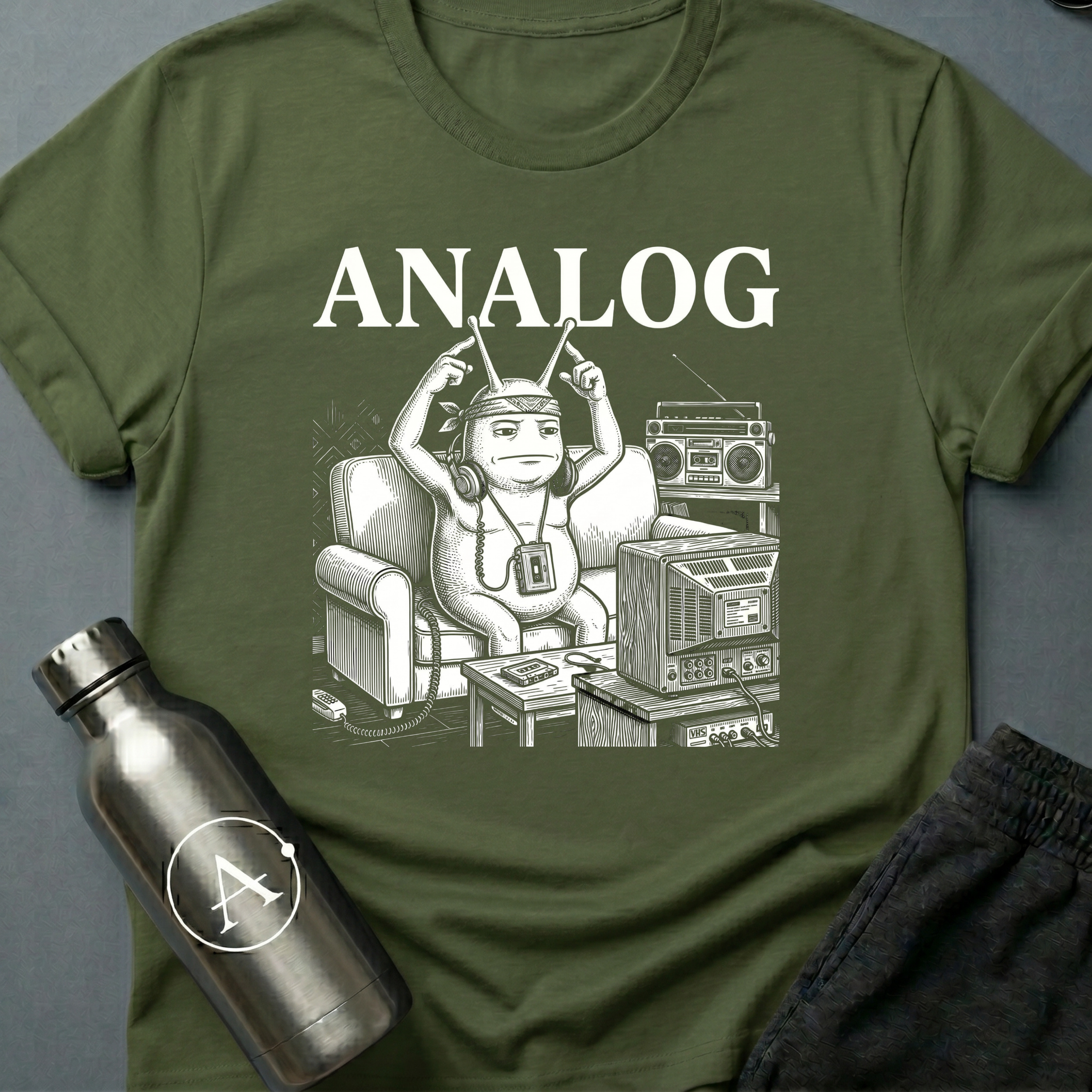 Tape Deck Native sci-fi t-shirt — analog couch potato with TV antennae, 'Analog' — Military Green unisex tee — Apsion Outpost