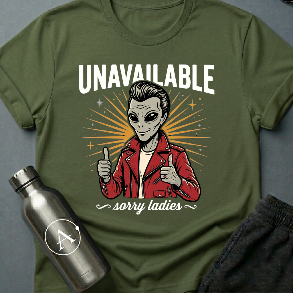 Slick Richard sci-fi t-shirt — alien greaser in red leather jacket, 'Unavailable, sorry ladies' — Military Green unisex tee — Apsion Outpost