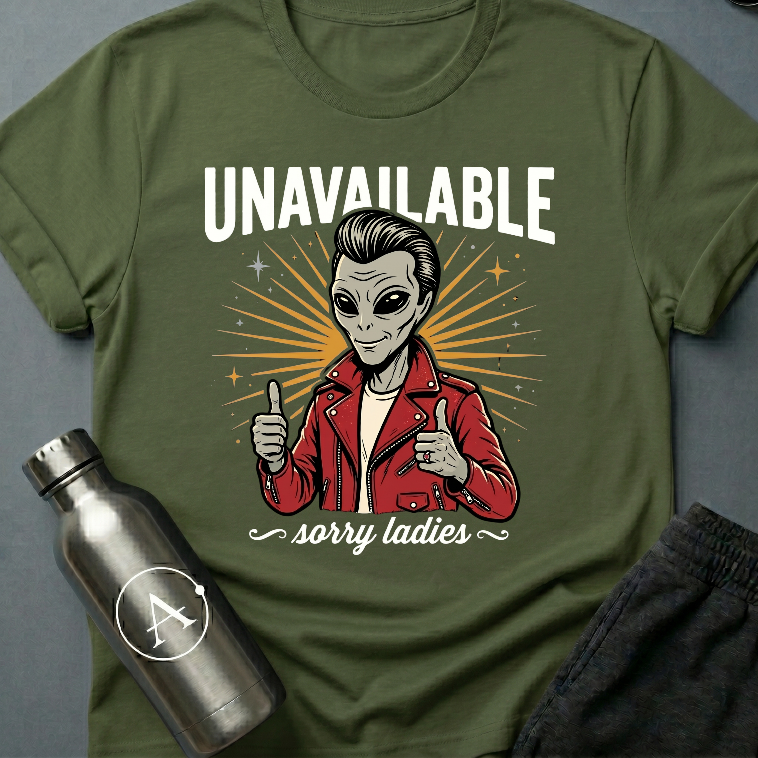 Slick Richard sci-fi t-shirt — alien greaser in red leather jacket, 'Unavailable, sorry ladies' — Military Green unisex tee — Apsion Outpost