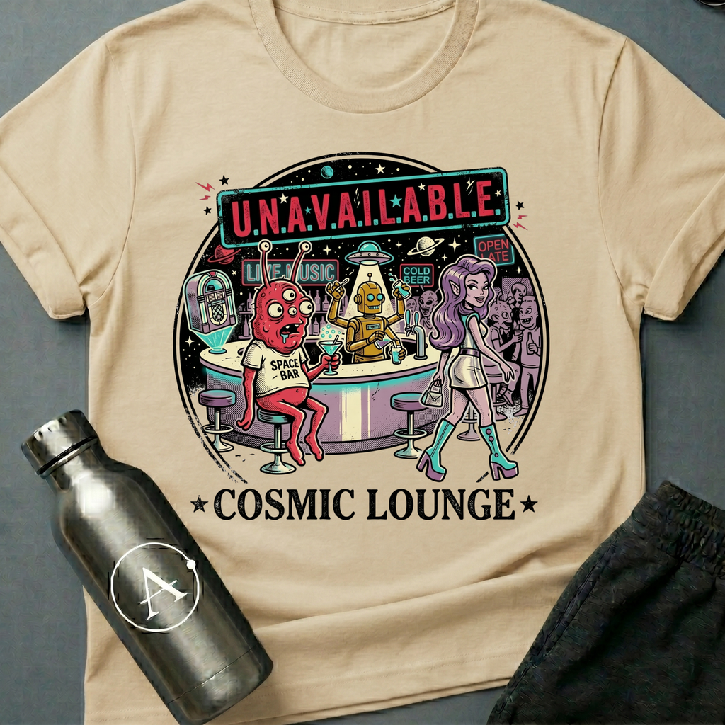 Moonlighting sci-fi t-shirt — Cosmic Lounge cartoon bar scene, 'Unavailable' — Natural unisex tee — Apsion Outpost
