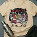 Moonlighting sci-fi t-shirt — Cosmic Lounge cartoon bar scene, 'Unavailable' — Natural unisex tee — Apsion Outpost