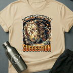 Strong Recommendation sci-fi t-shirt — time-traveling scientist, 'Linear time is a suggestion' — Natural unisex tee — Apsion Outpost