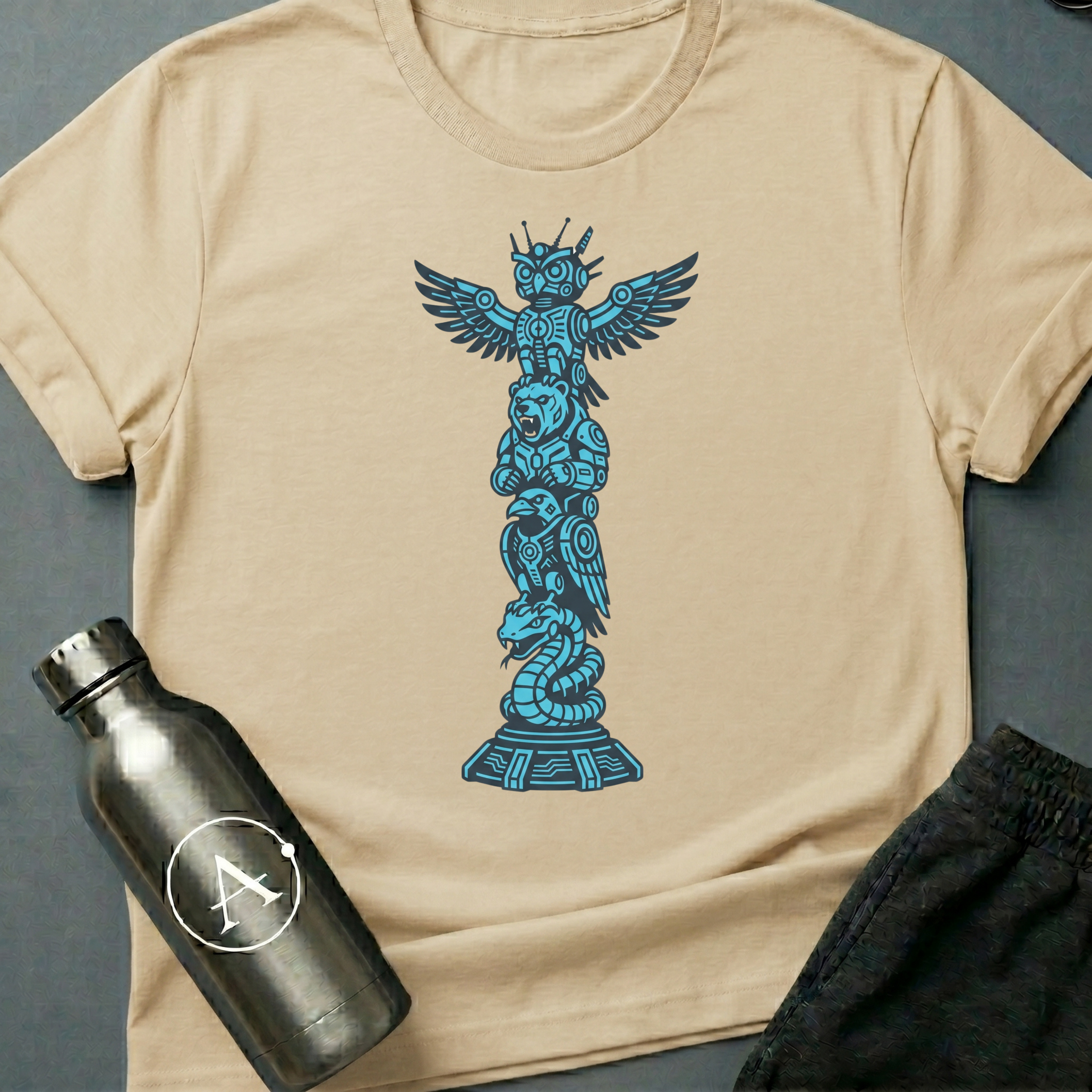 Spirit Hardware sci-fi t-shirt — cybernetic totem pole — Natural unisex tee — Apsion Outpost