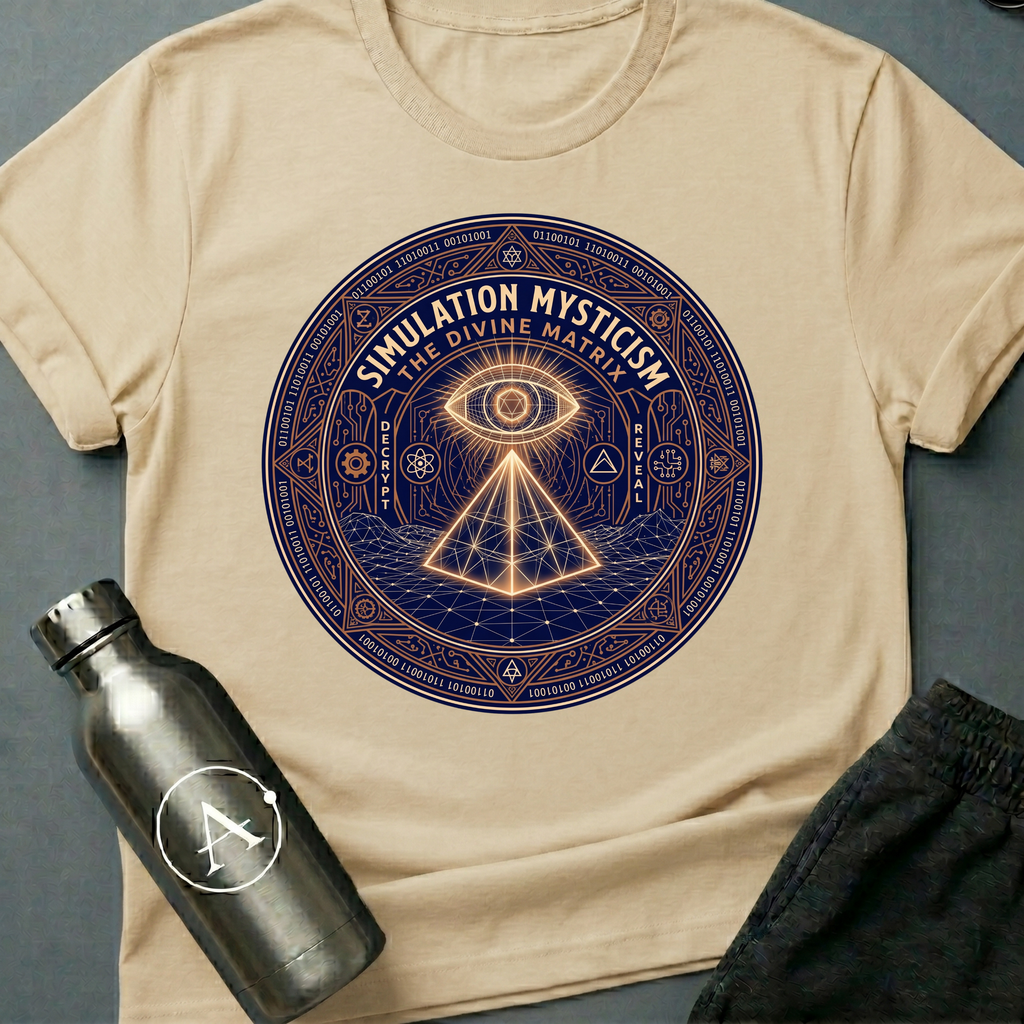 Source Code Seance sci-fi t-shirt — Simulation Mysticism mandala with all-seeing eye — Natural unisex tee — Apsion Outpost