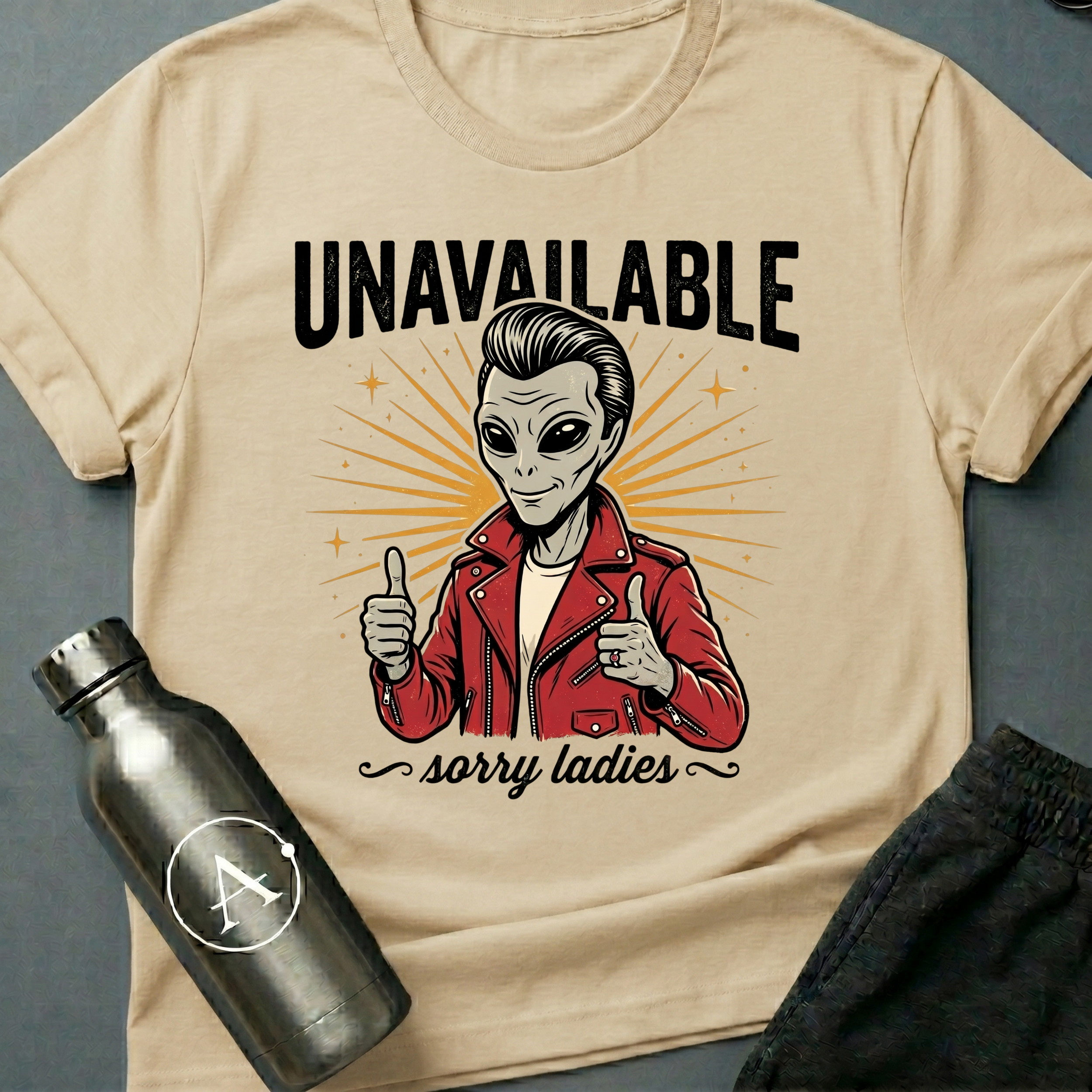 Slick Richard sci-fi t-shirt — alien greaser in red leather jacket, 'Unavailable, sorry ladies' — Natural unisex tee — Apsion Outpost