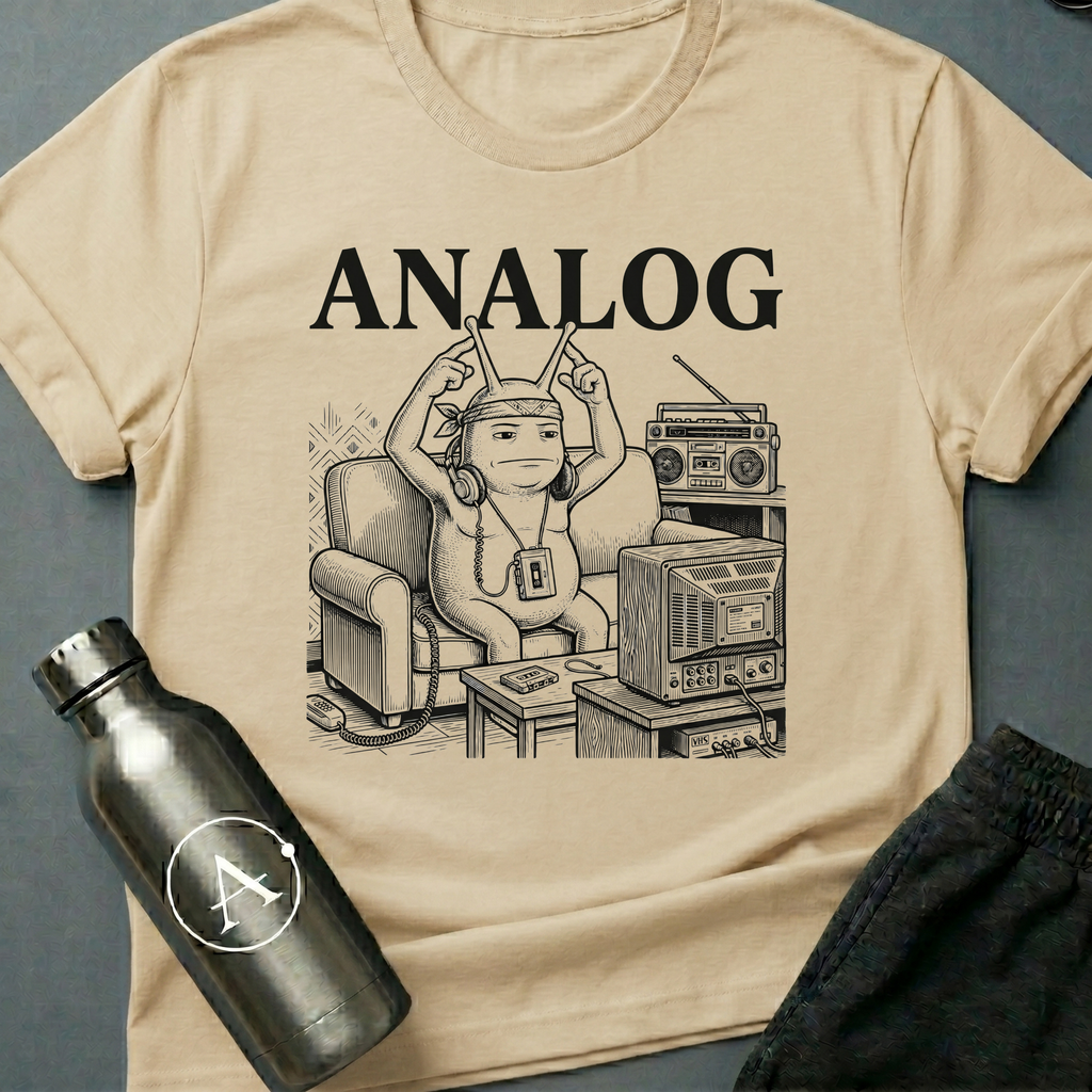 Tape Deck Native sci-fi t-shirt — analog couch potato with TV antennae, 'Analog' — Natural unisex tee — Apsion Outpost