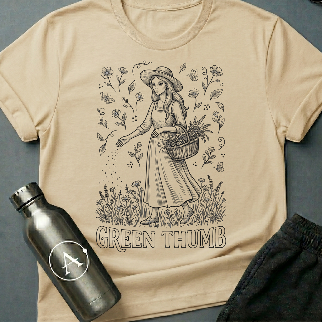 The Gardner sci-fi t-shirt — Victorian woman gardening among wildflowers, 'Green thumb' — Natural unisex tee — Apsion Outpost