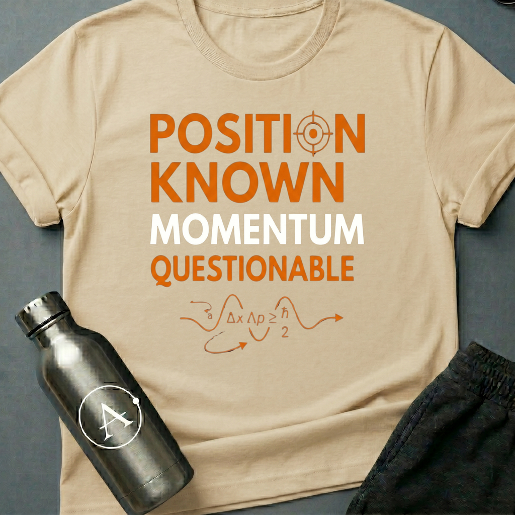 Vector Unclear sci-fi t-shirt — Heisenberg uncertainty principle, 'Position known, momentum questionable' — Natural unisex tee — Apsion Outpost