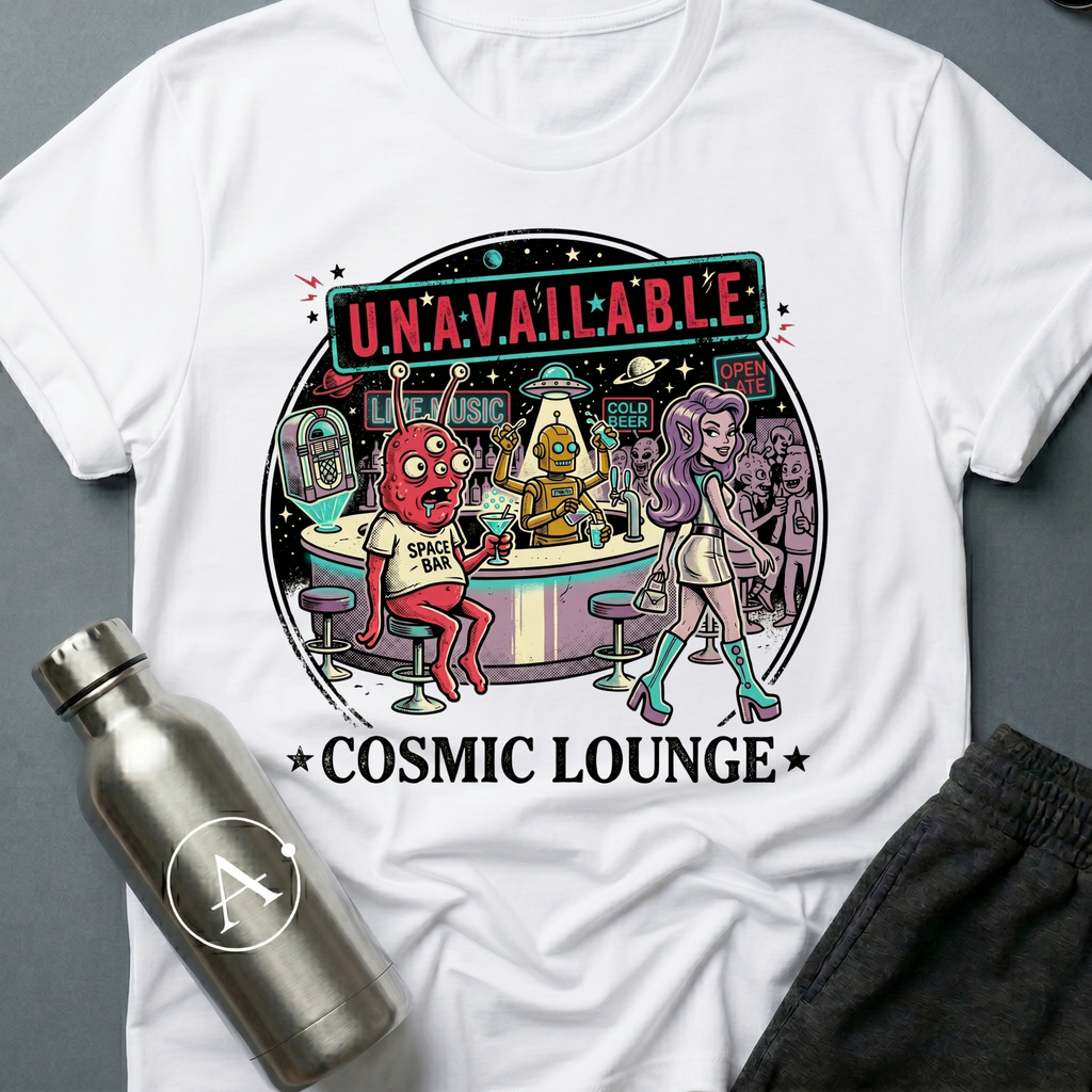 Moonlighting sci-fi t-shirt — Cosmic Lounge cartoon bar scene, 'Unavailable' — White unisex tee — Apsion Outpost
