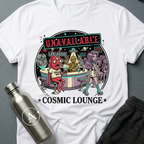 Moonlighting sci-fi t-shirt — Cosmic Lounge cartoon bar scene, 'Unavailable' — White unisex tee — Apsion Outpost