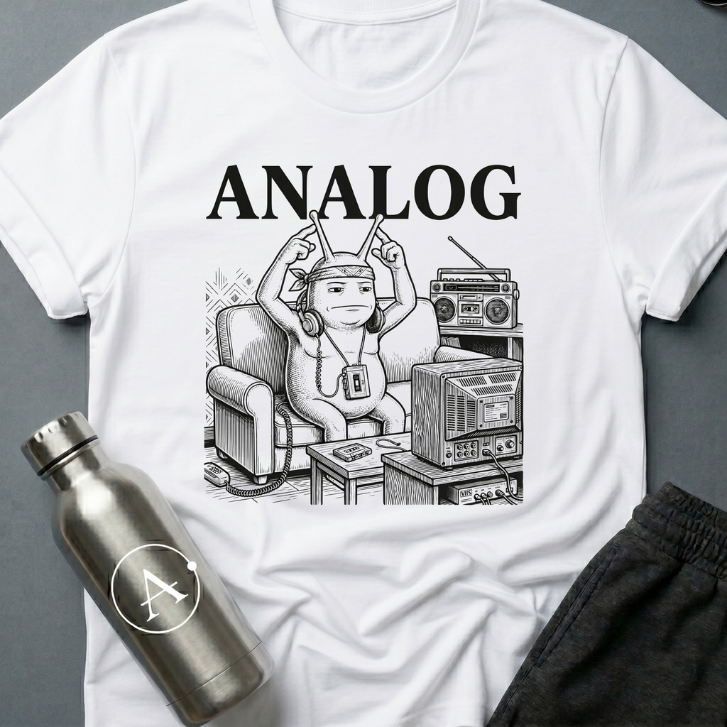 Tape Deck Native sci-fi t-shirt — analog couch potato with TV antennae, 'Analog' — White unisex tee — Apsion Outpost