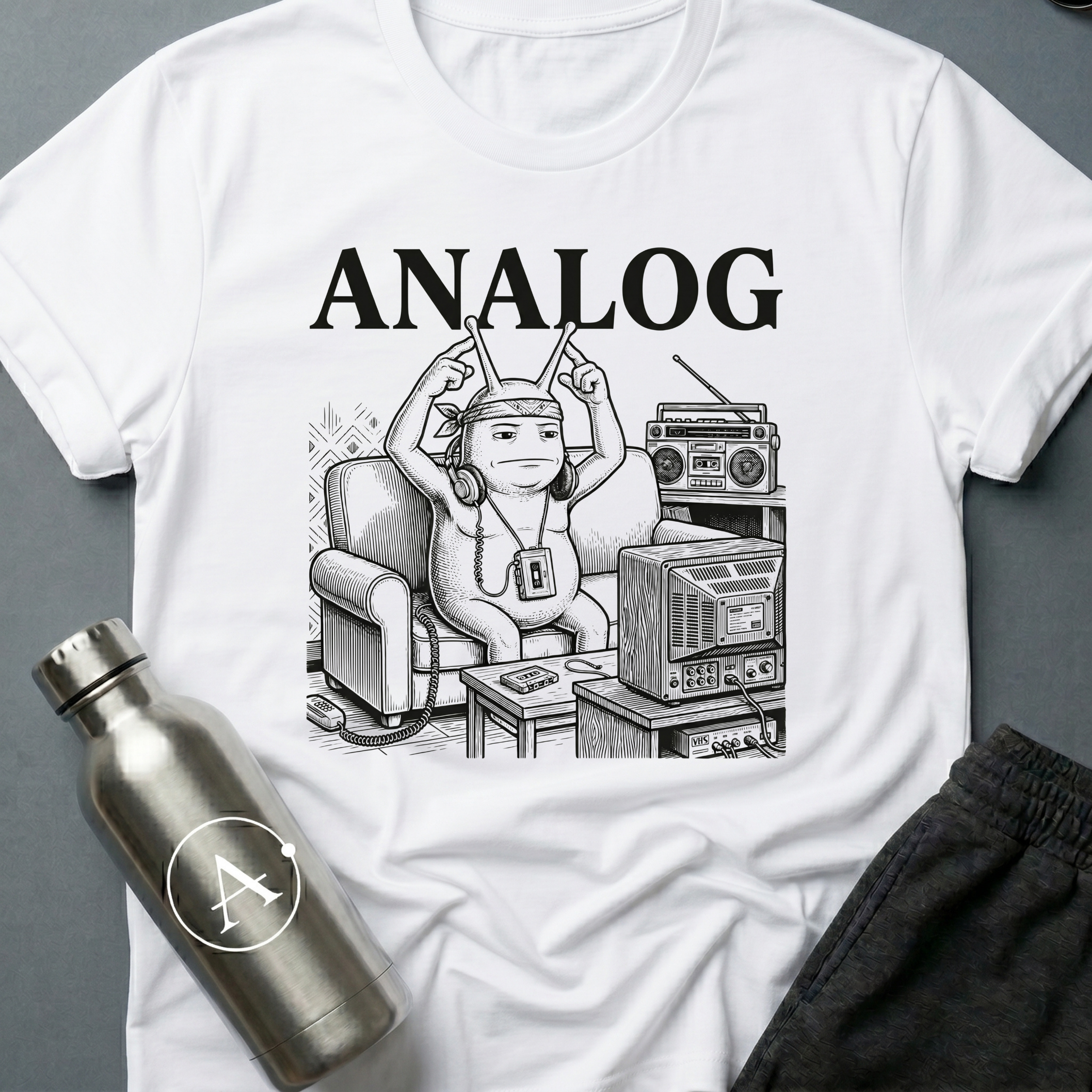 Tape Deck Native sci-fi t-shirt — analog couch potato with TV antennae, 'Analog' — White unisex tee — Apsion Outpost