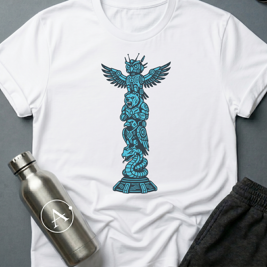 Spirit Hardware sci-fi t-shirt — cybernetic totem pole — White unisex tee — Apsion Outpost