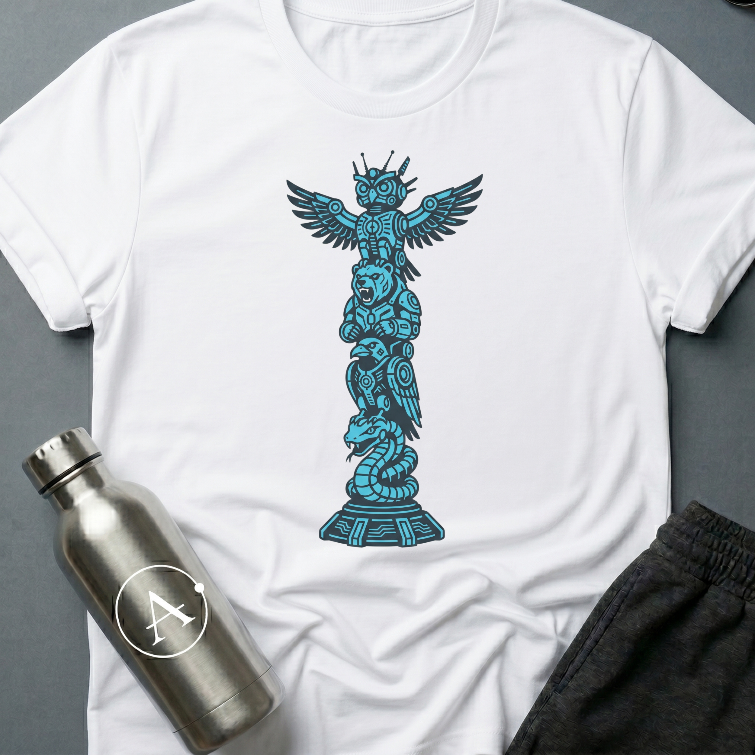Spirit Hardware sci-fi t-shirt — cybernetic totem pole — White unisex tee — Apsion Outpost