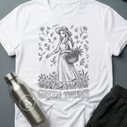 The Gardner sci-fi t-shirt — Victorian woman gardening among wildflowers, 'Green thumb' — White unisex tee — Apsion Outpost