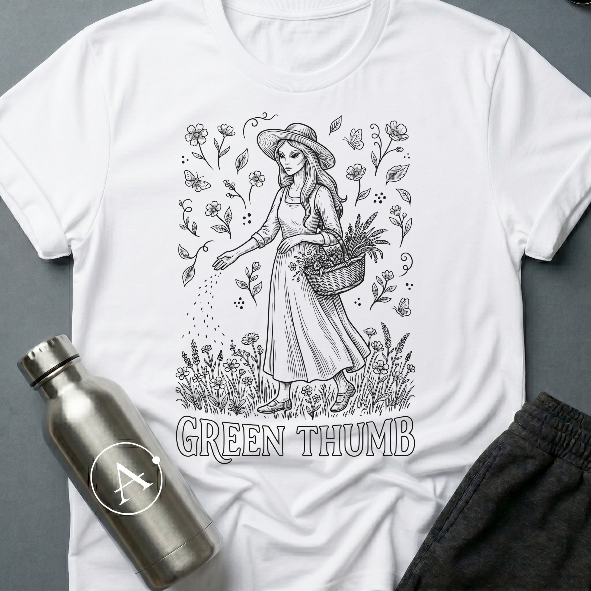 The Gardner sci-fi t-shirt — Victorian woman gardening among wildflowers, 'Green thumb' — White unisex tee — Apsion Outpost