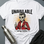 Slick Richard sci-fi t-shirt — alien greaser in red leather jacket, 'Unavailable, sorry ladies' — White unisex tee — Apsion Outpost