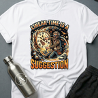 Strong Recommendation sci-fi t-shirt — time-traveling scientist, 'Linear time is a suggestion' — White unisex tee — Apsion Outpost