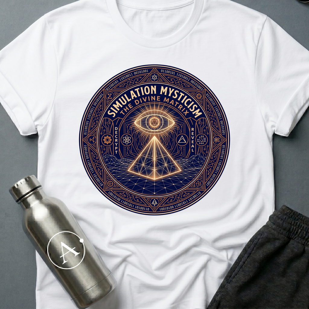 Source Code Seance sci-fi t-shirt — Simulation Mysticism mandala with all-seeing eye — White unisex tee — Apsion Outpost