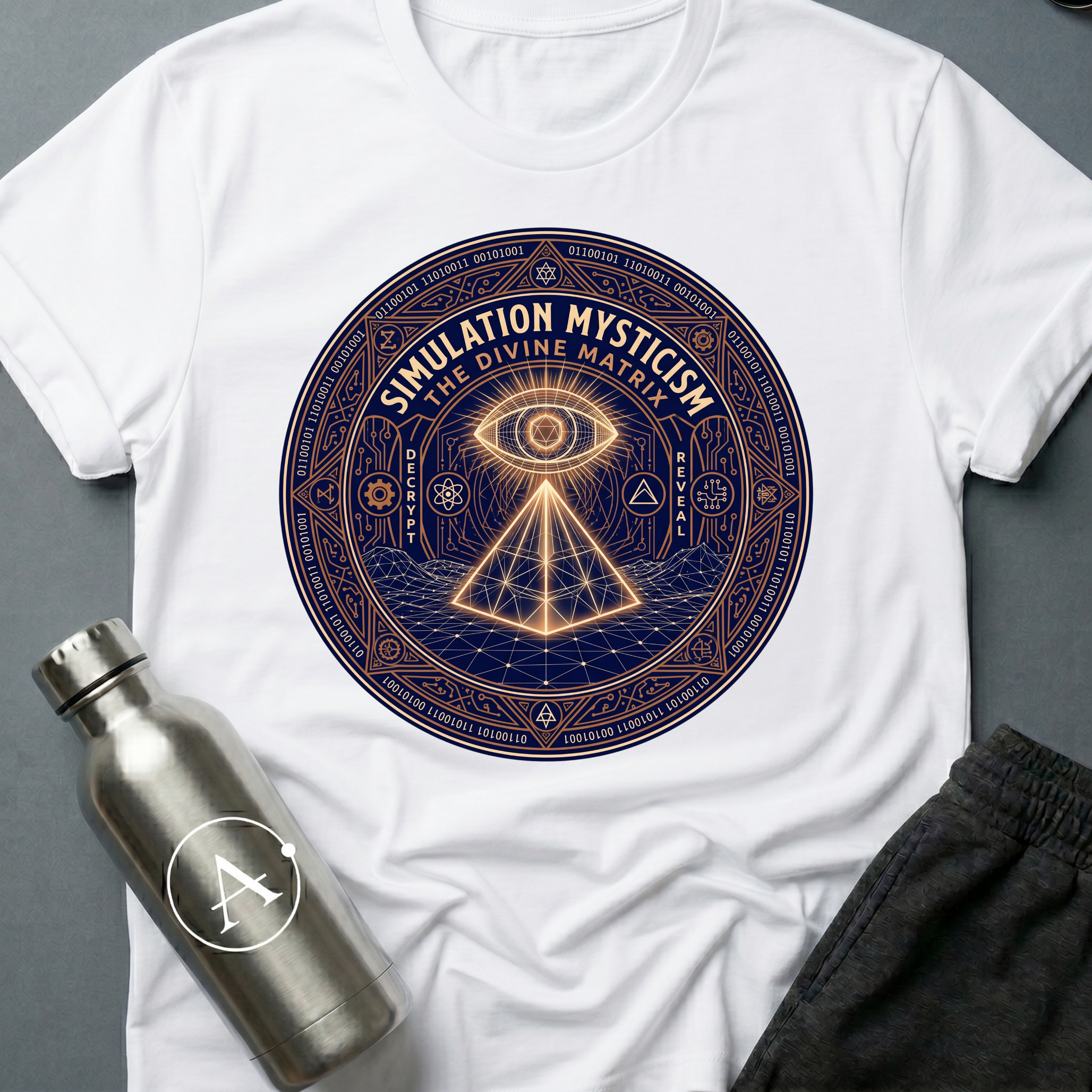 Source Code Seance sci-fi t-shirt — Simulation Mysticism mandala with all-seeing eye — White unisex tee — Apsion Outpost
