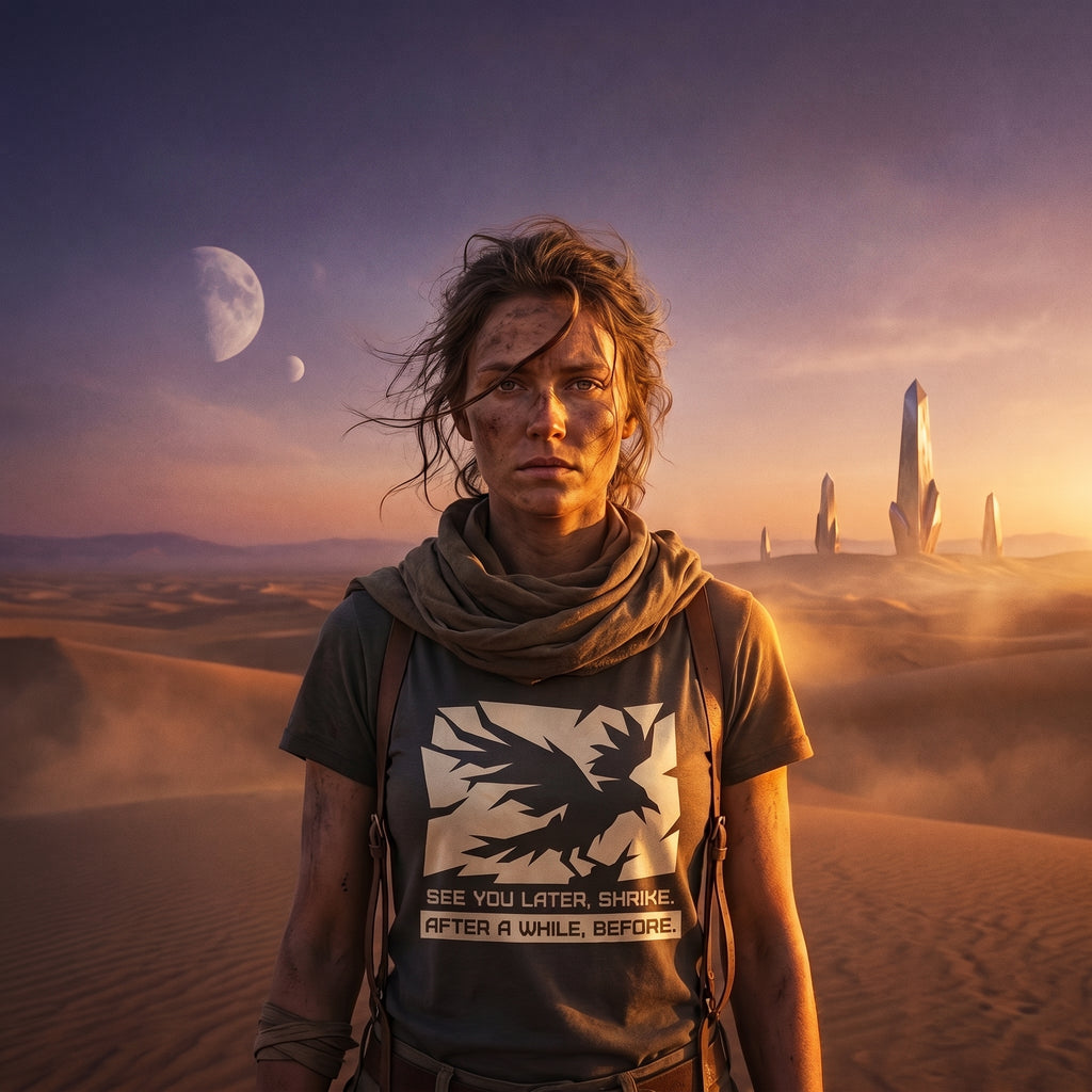 Cinematic pilgrim editorial mockup of the Retrograde tee - traveler wearing the Shrike graphic on the plains of Hyperion beneath twin moons, Apsion Outpost sci-fi book-reader apparel