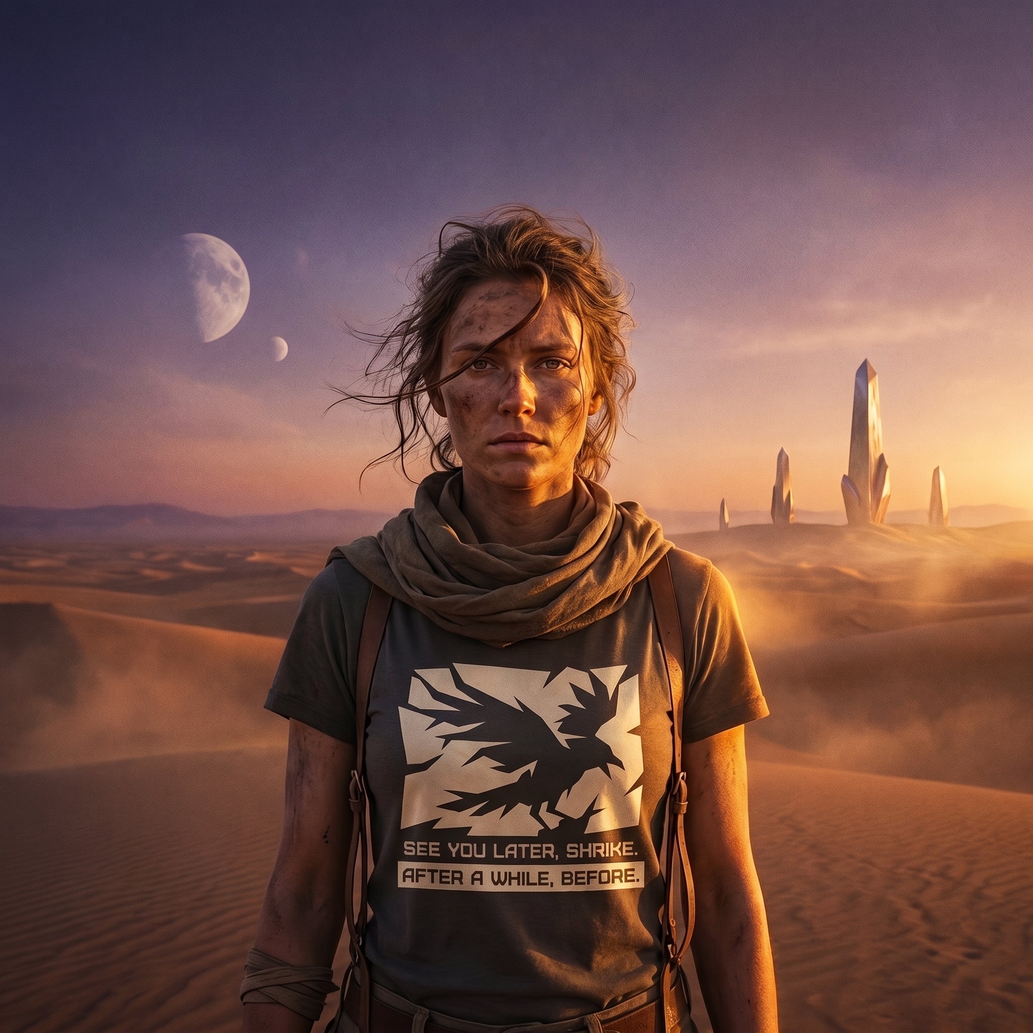 Cinematic pilgrim editorial mockup of the Retrograde tee - traveler wearing the Shrike graphic on the plains of Hyperion beneath twin moons, Apsion Outpost sci-fi book-reader apparel