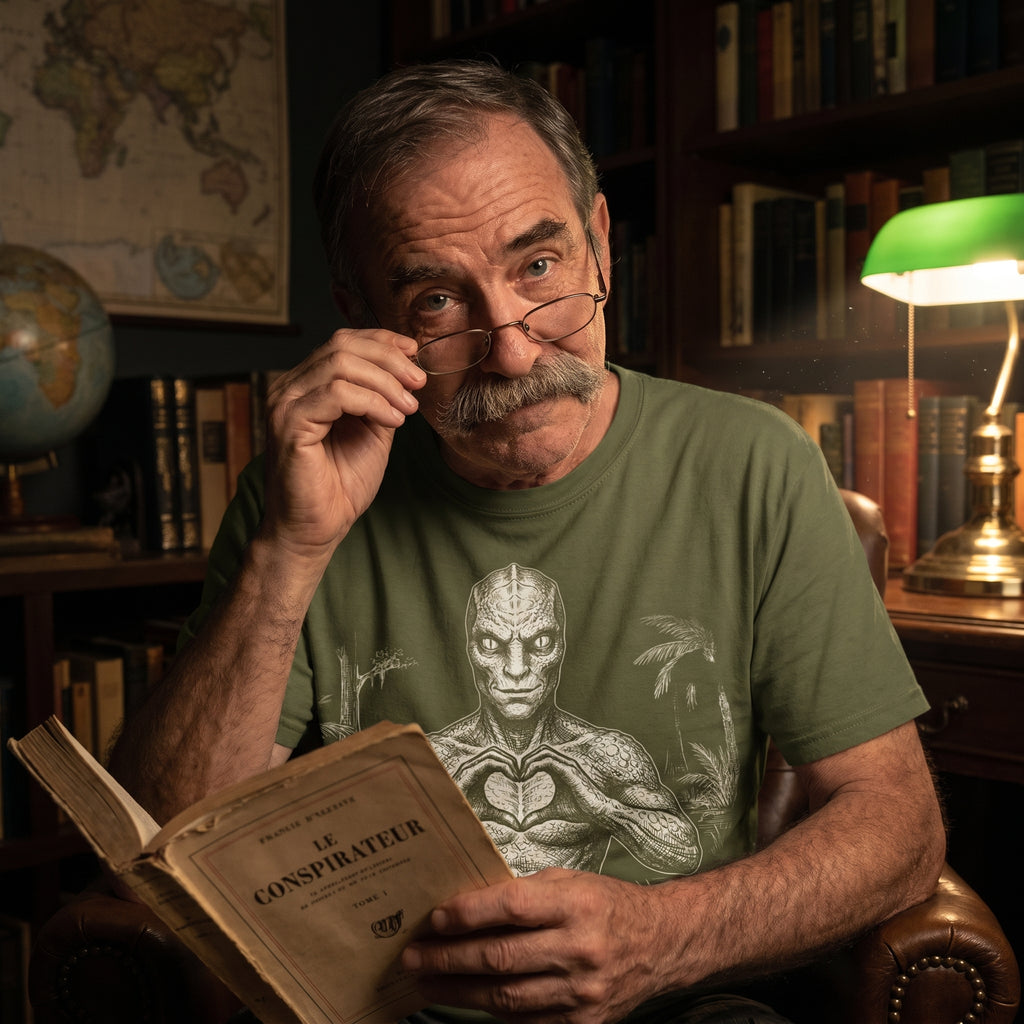 Man wearing Apsion Outpost Soft Reign reptilian heart-hands tee, moody editorial portrait